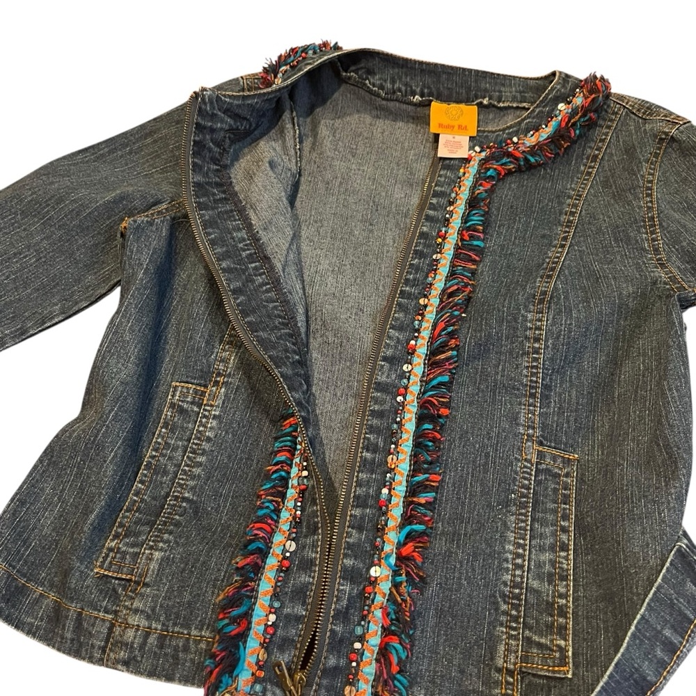 Ruby Rd Women 6 Blue Denim Full Zip Fringe Embellished Beaded Jacket Boho Chic - Picture 8 of 8